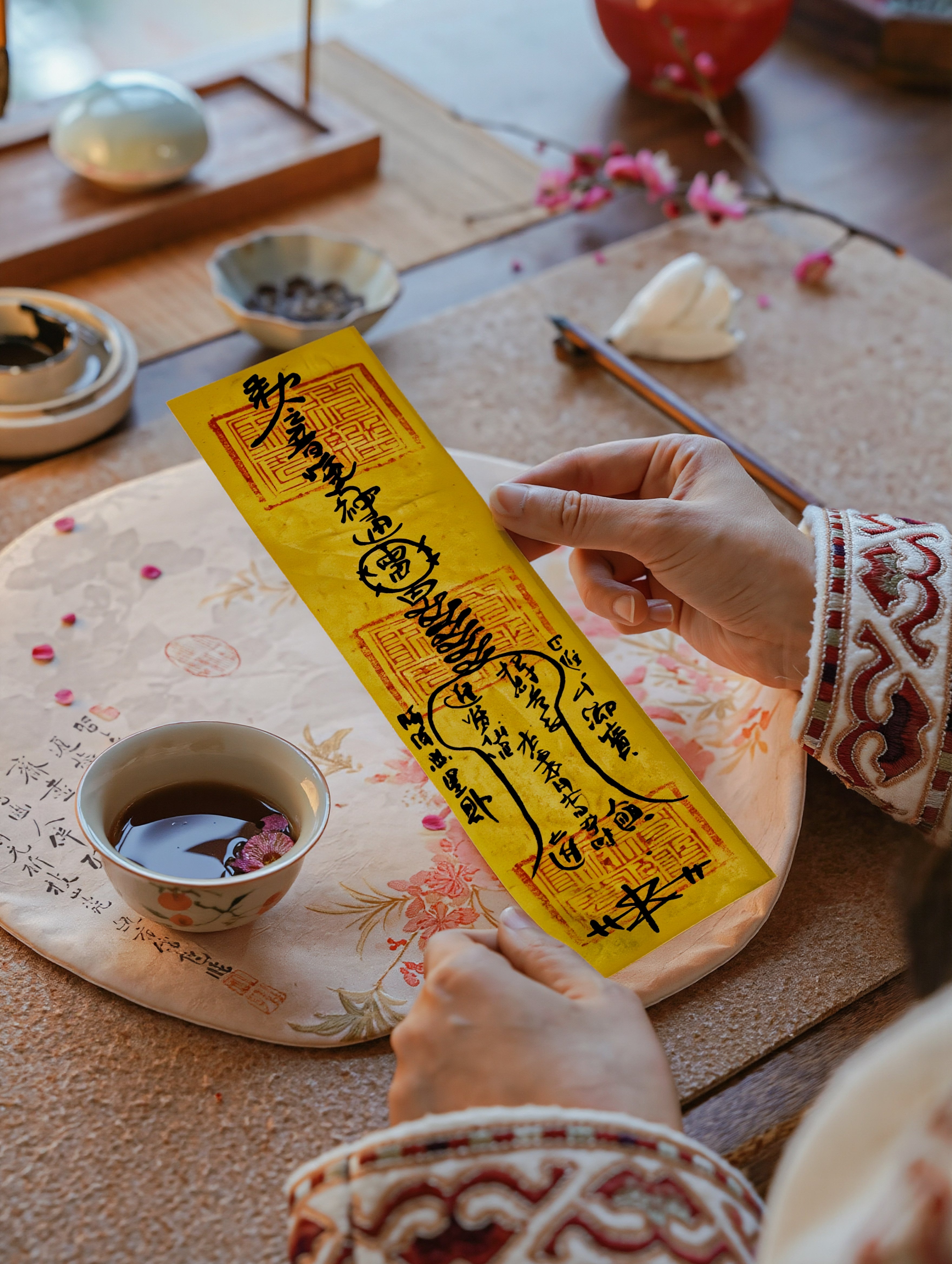Handcrafted Taoist-inspired peace blessing talisman photographed in a calm home setting.