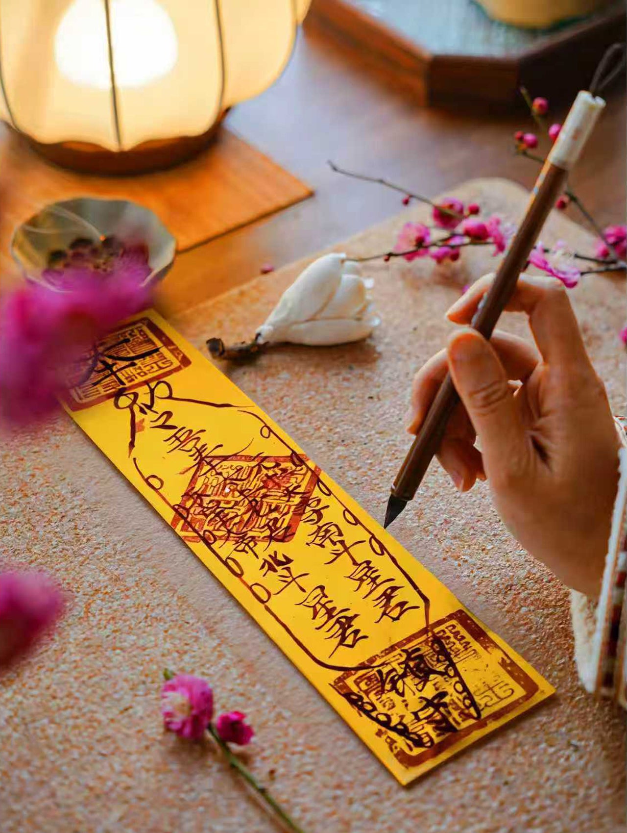 Handcrafted Taoist-inspired prosperity blessing talisman on a warm tabletop with soft light.
