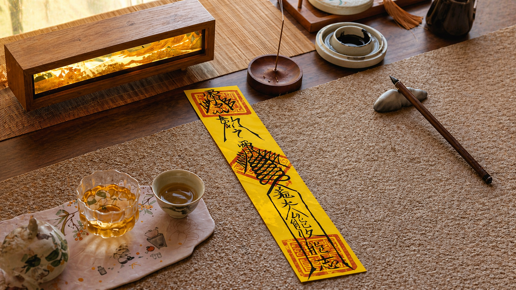 Taoist-inspired symbolic talisman displayed beside incense in a warm peaceful home scene.